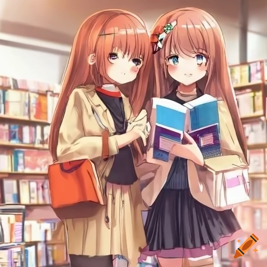 anime girls enjoying a rainy day at a bookstore