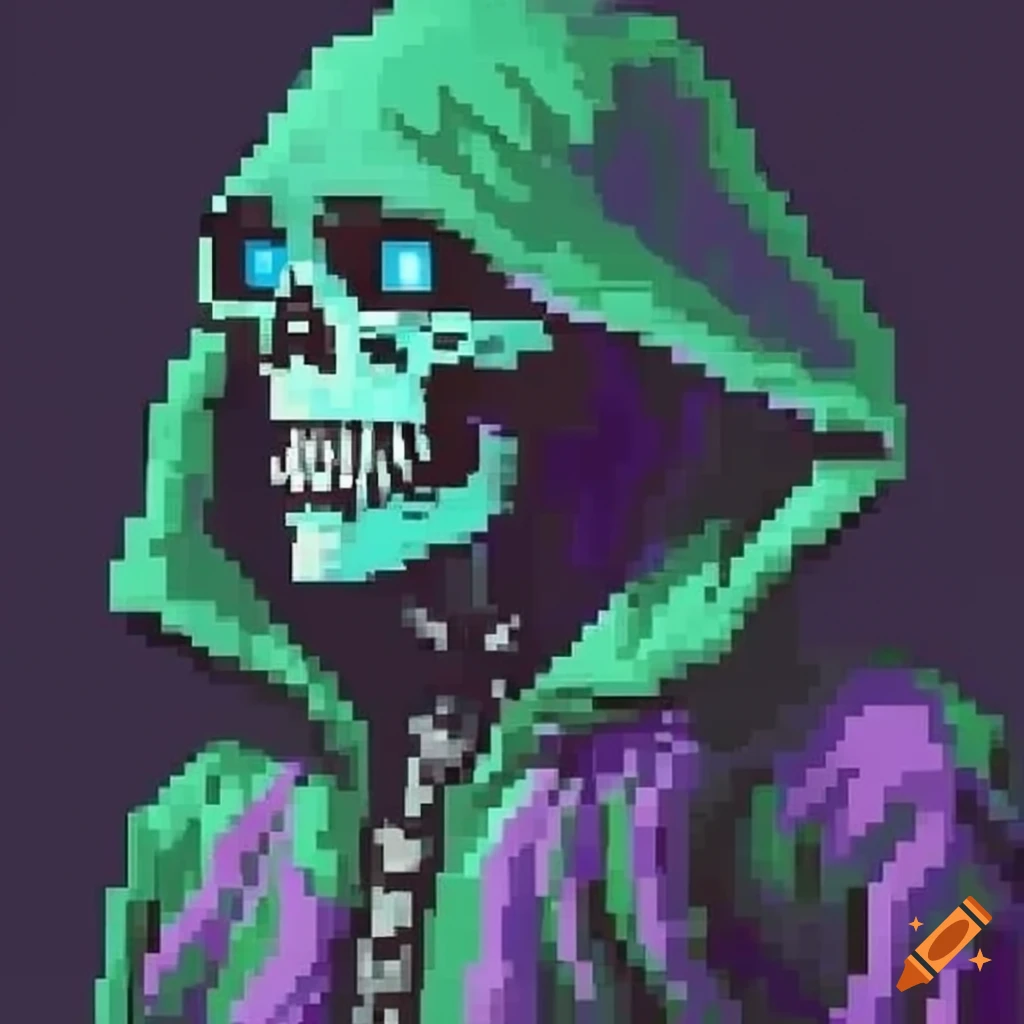 Pixel Art Of A Frightening Skeleton In Black Green And Purple pixel-art-of-a-frightening-skeleton-in-black-green-and-purple