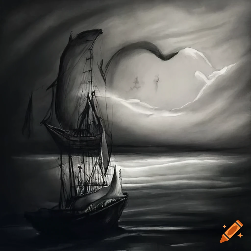 Surrealist charcoal sketch of sailing ships in a dreamy seascape