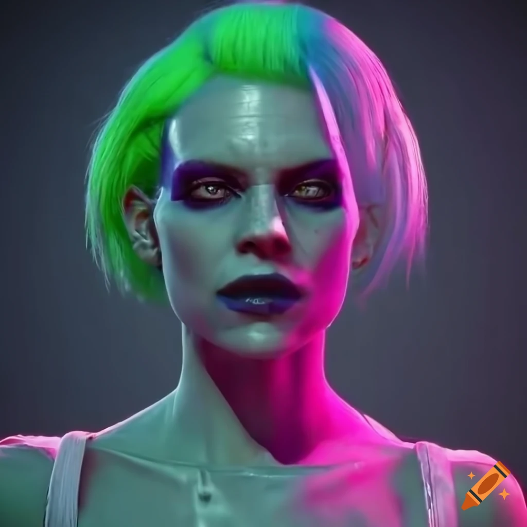 Neon-haired bride of frankenstein in futuristic style on Craiyon