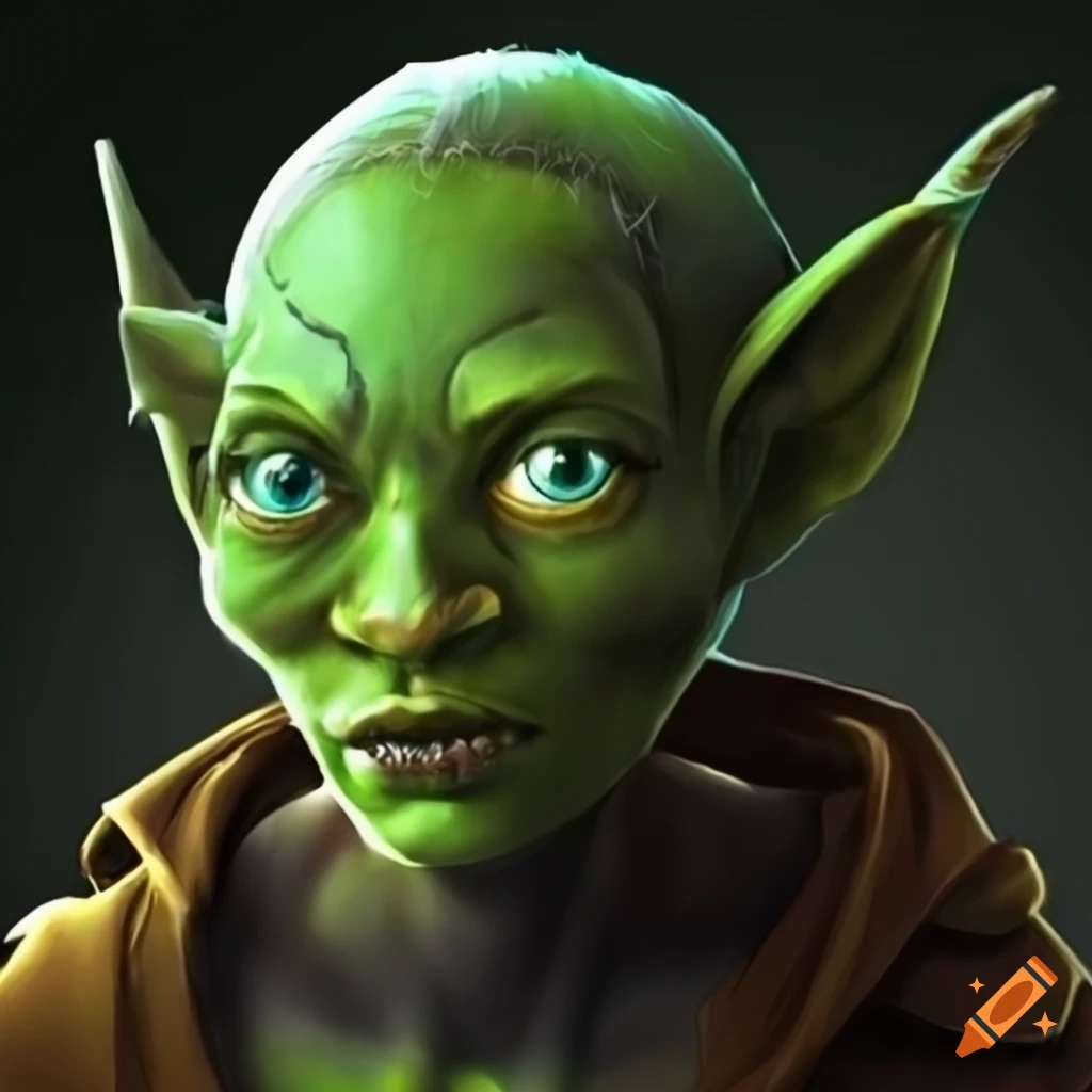 Illustration of a friendly green-skinned female goblin on Craiyon