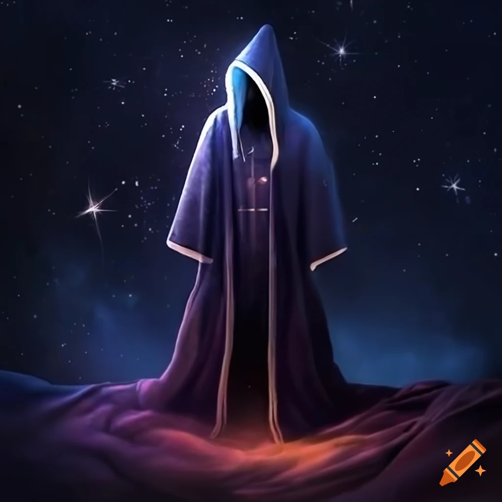 image of a levitating magician in a hooded robe