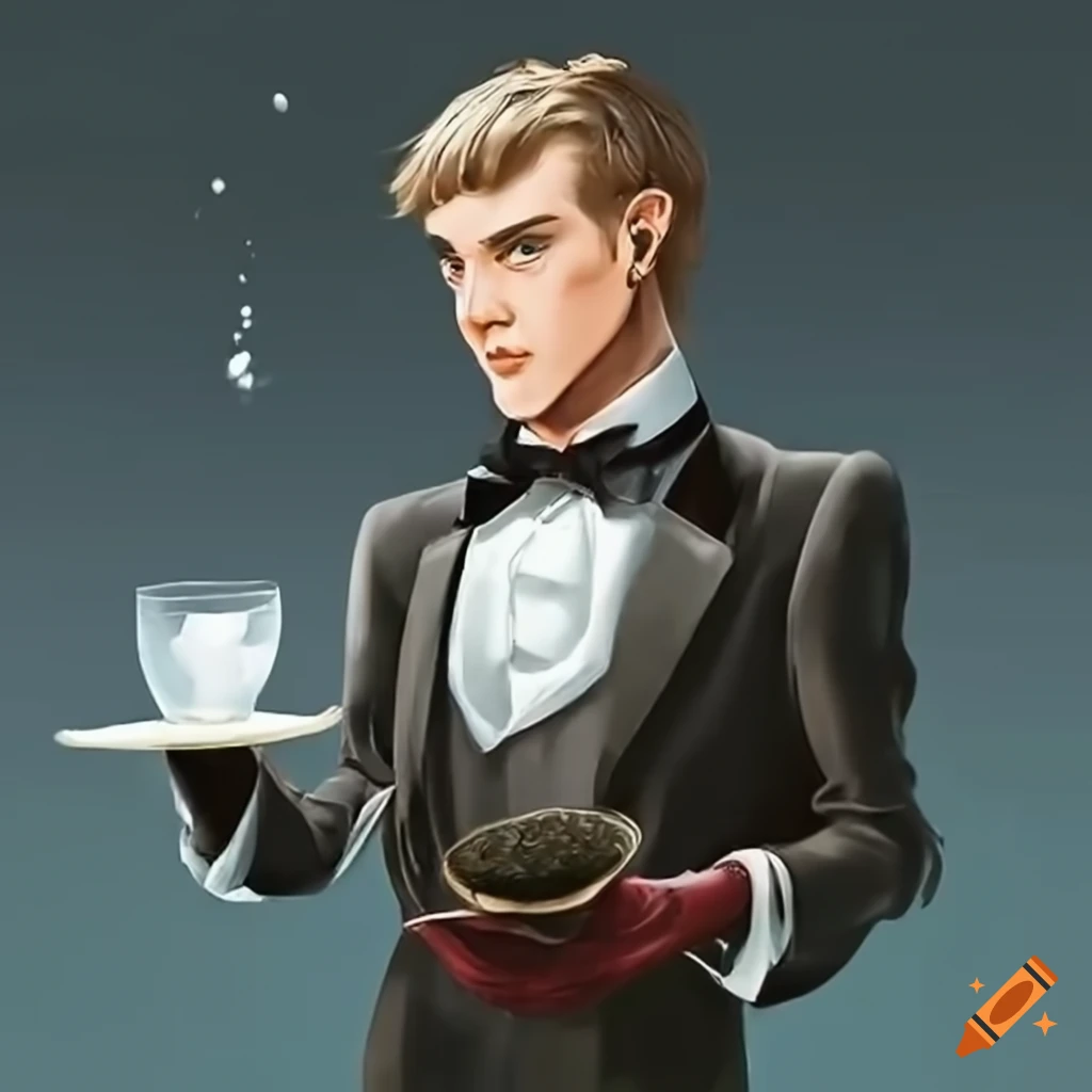 Butler in army green uniform holding a full tray of appetizers on Craiyon