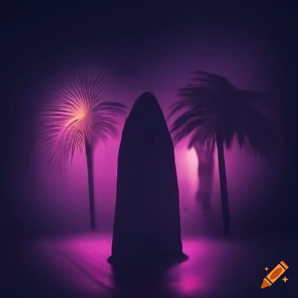 double exposure of palm trees and cloaked figures in pink and gold lighting