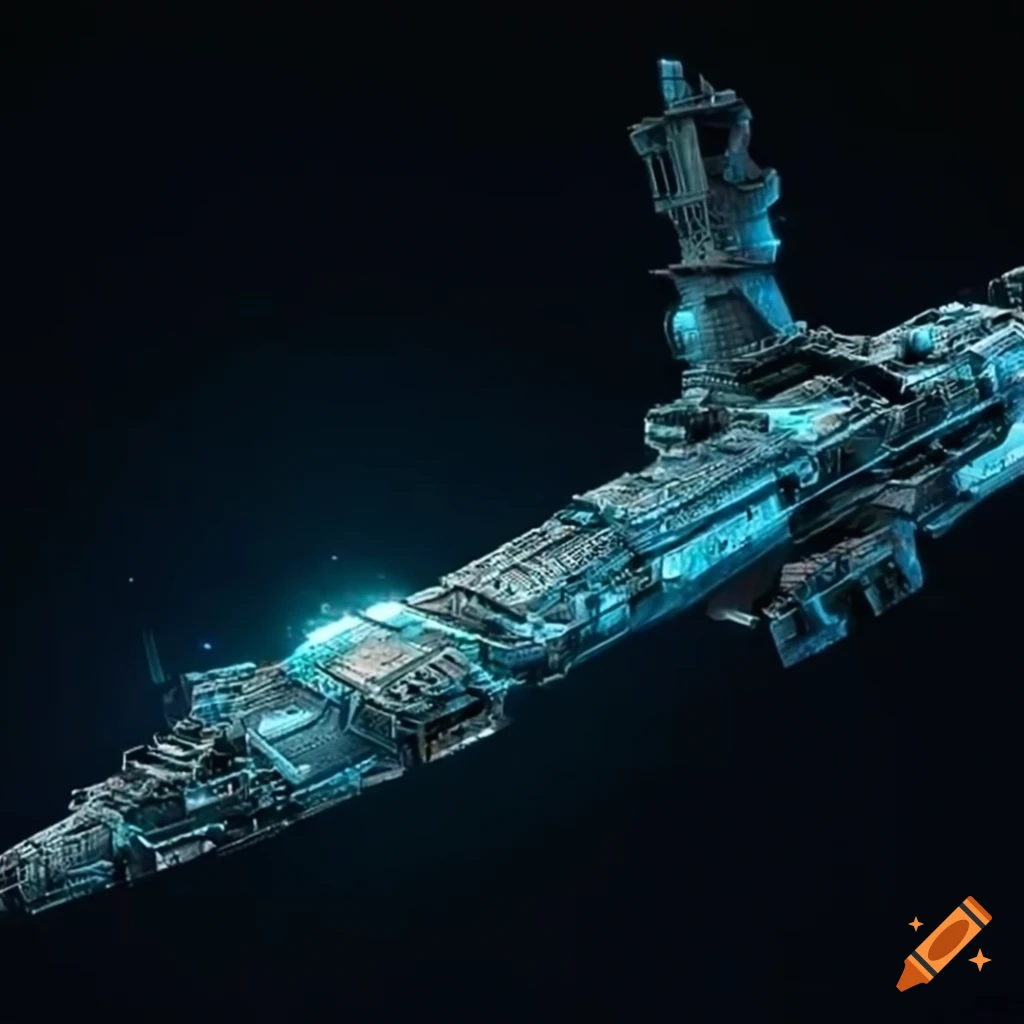 retrofuturistic space warship with Egyptian motifs