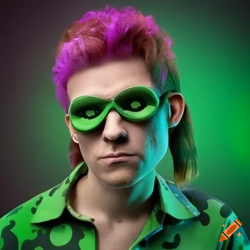 The riddler with question mark hat and mullet haircut