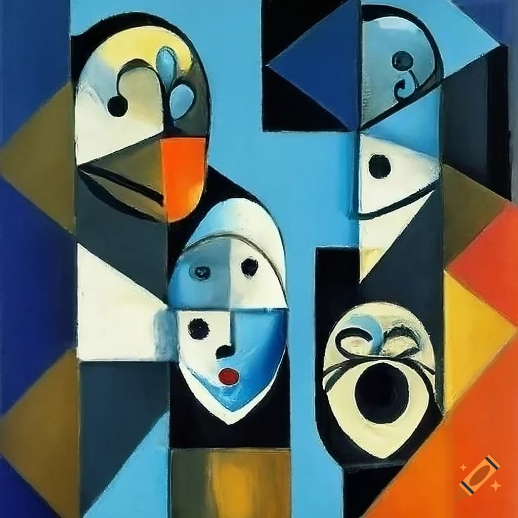 cubist painting of multiple heads of Pierrot Lunaire