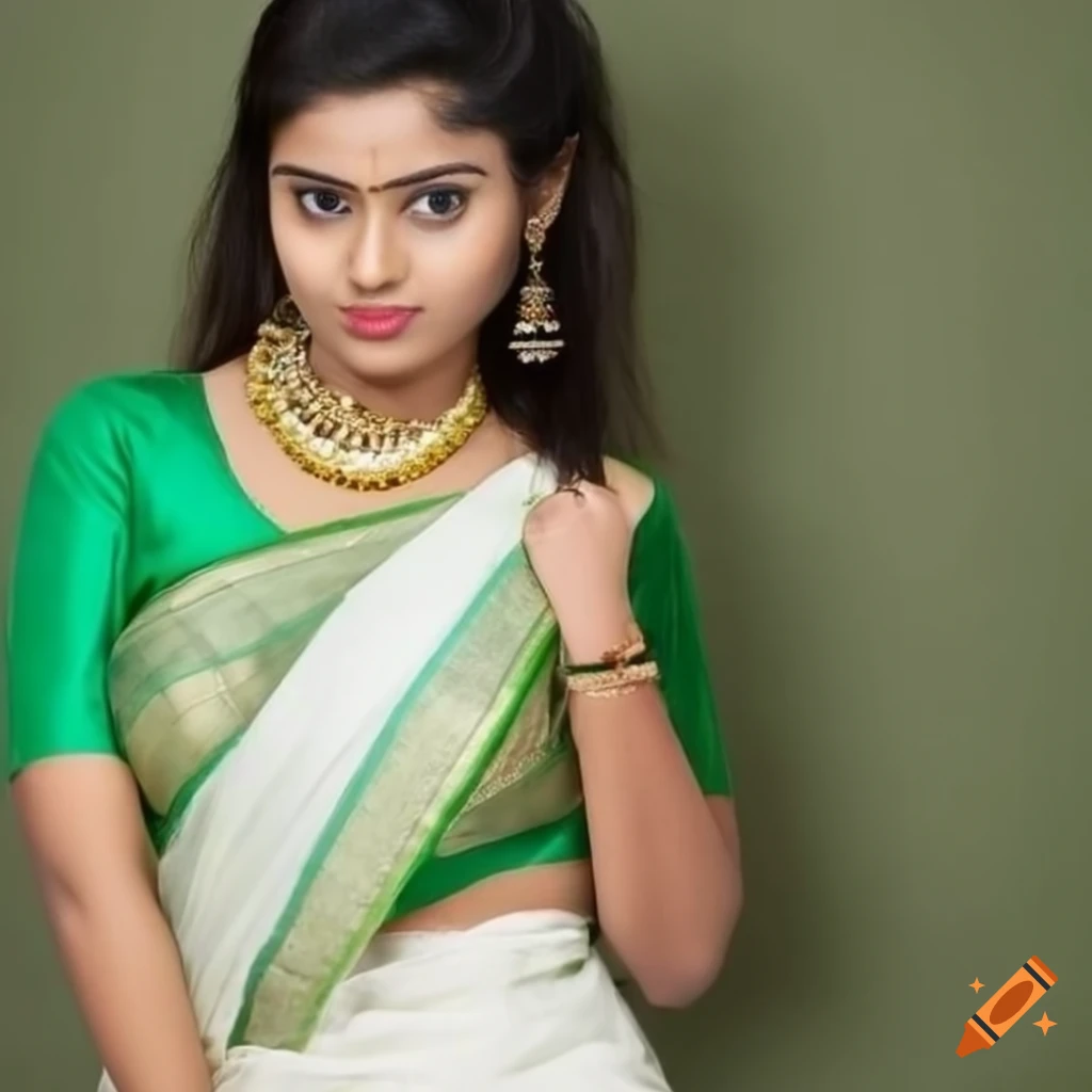 Indian girl in green blouse and white saree on Craiyon