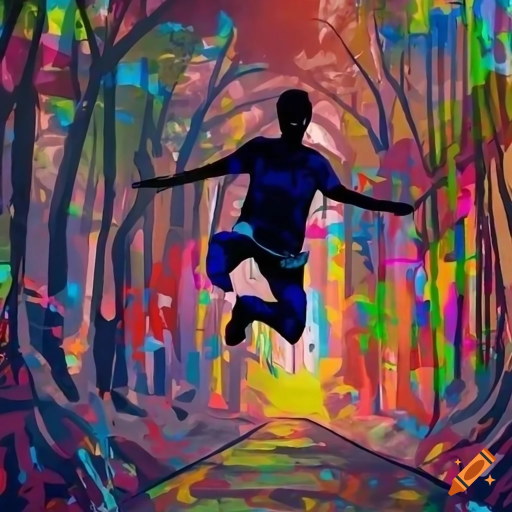 silhouette of a man doing parkour in a forested mountain area