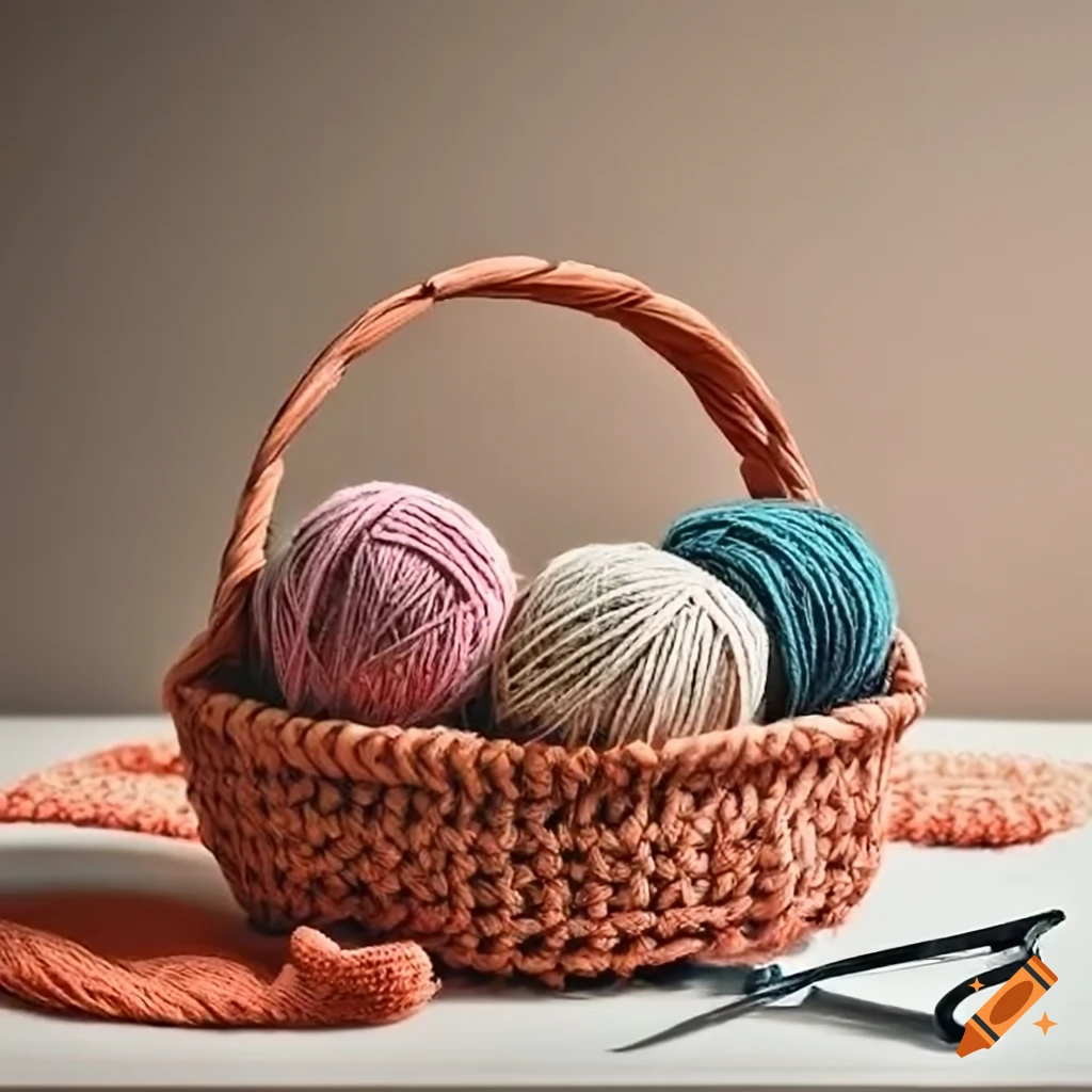 crochet basket with yarn balls and knitting needles