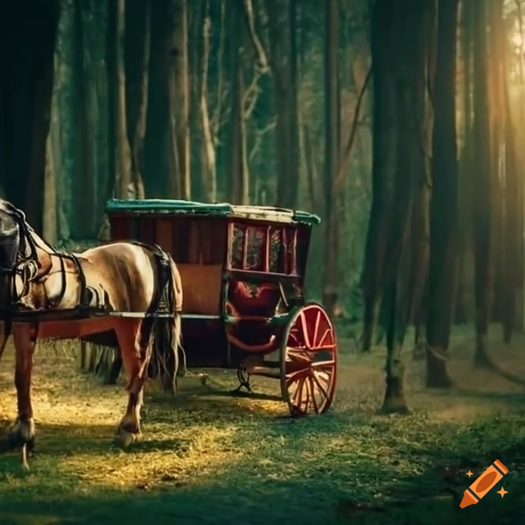 charming vintage horse-drawn carriage in a magical forest