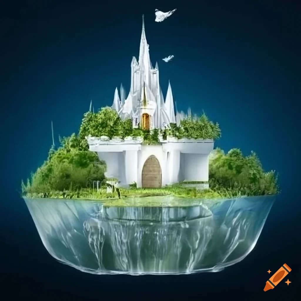 Image of a floating island with a white castle under a glass dome on ...