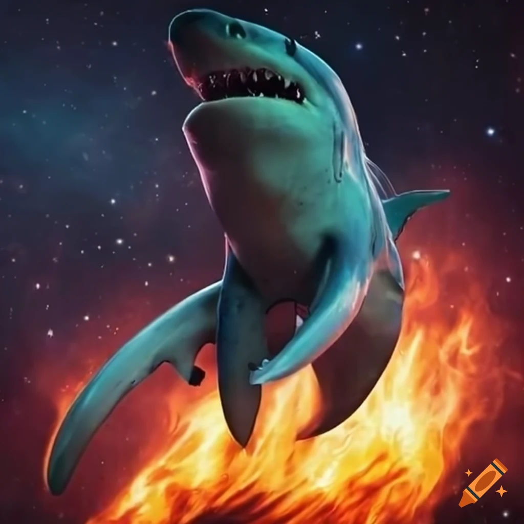 digital art of a flaming shark in space