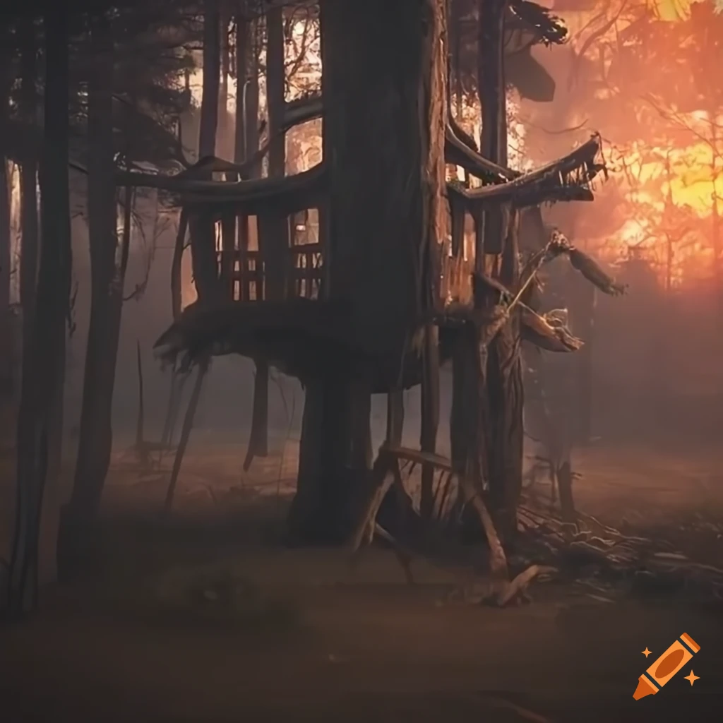 treehouse in apocalyptic forest at sunset