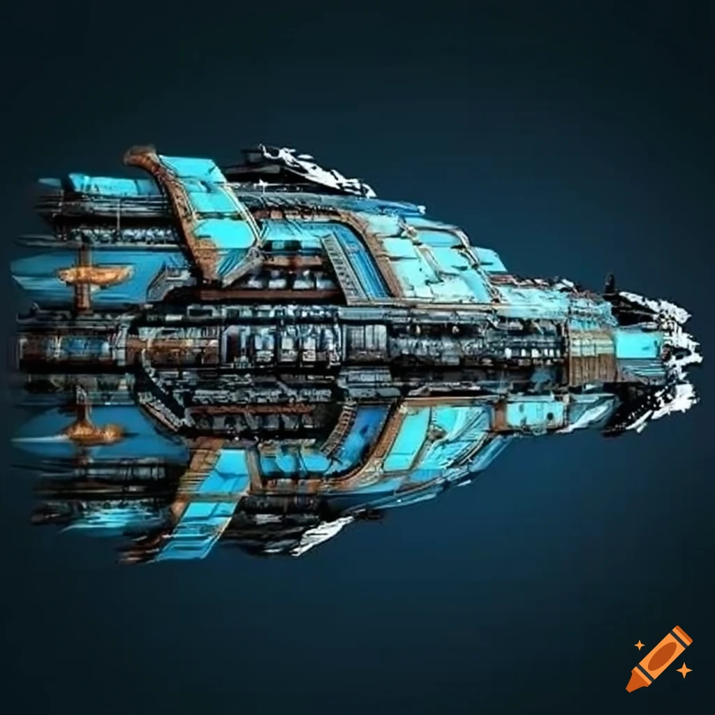Retrofuturistic space warship inspired by babylonian design