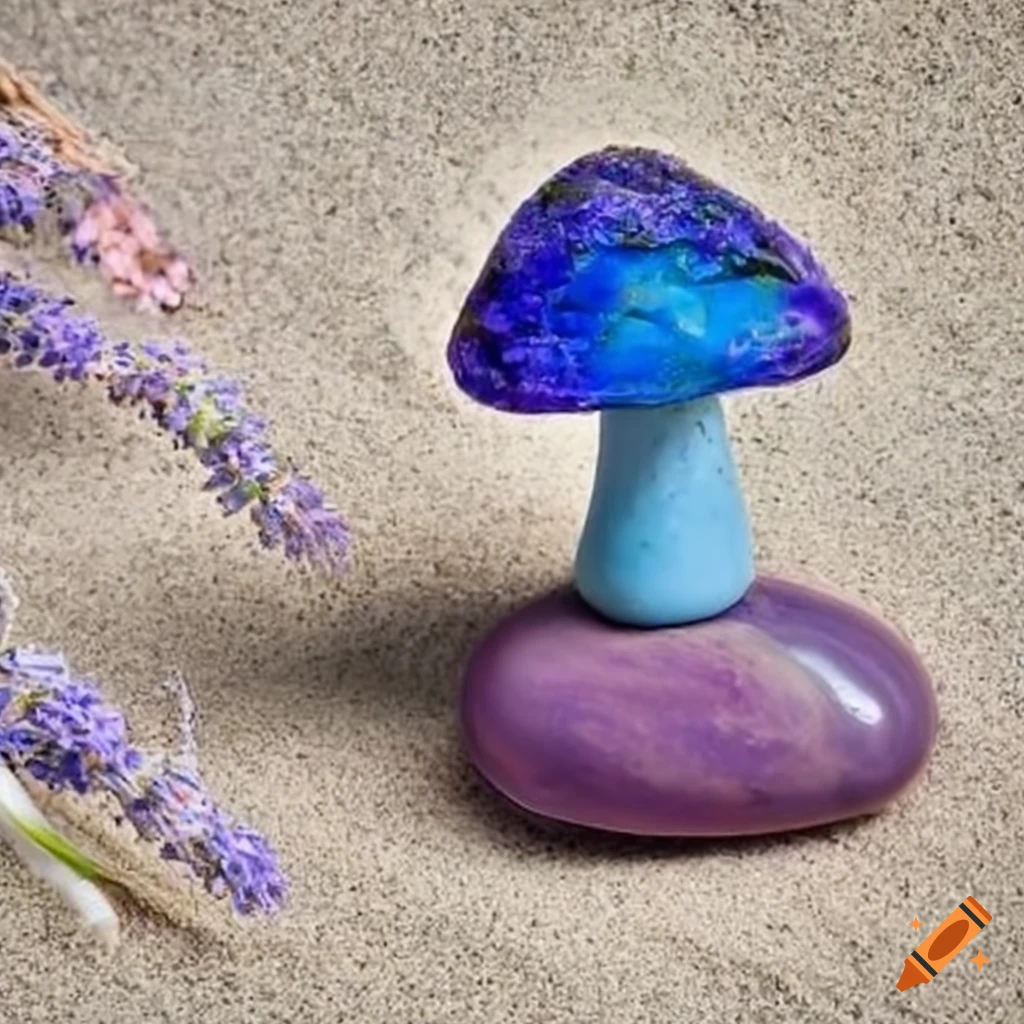 image of a colorful stone mushroom on white sand