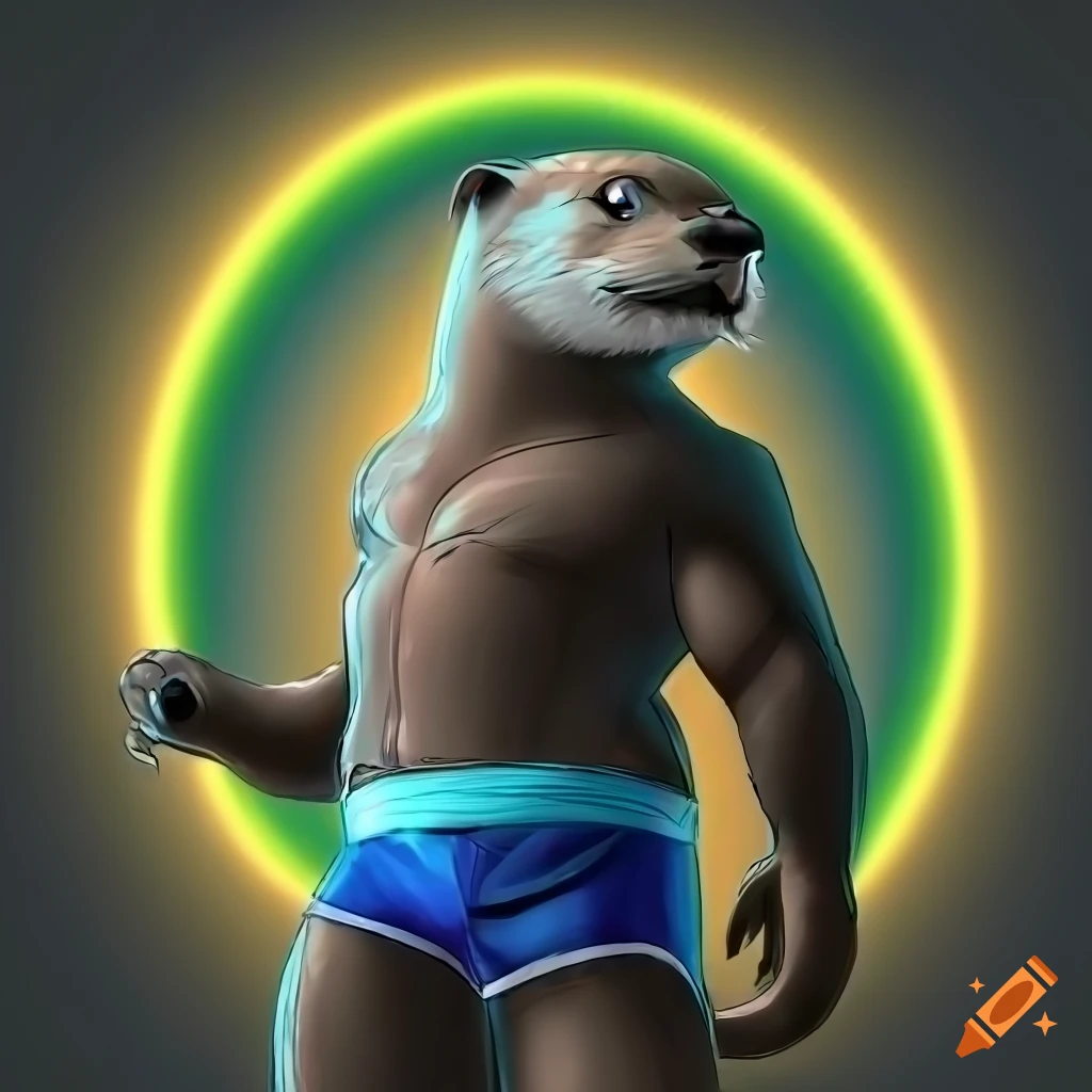 digital art of a male otter with blue eyes and harness