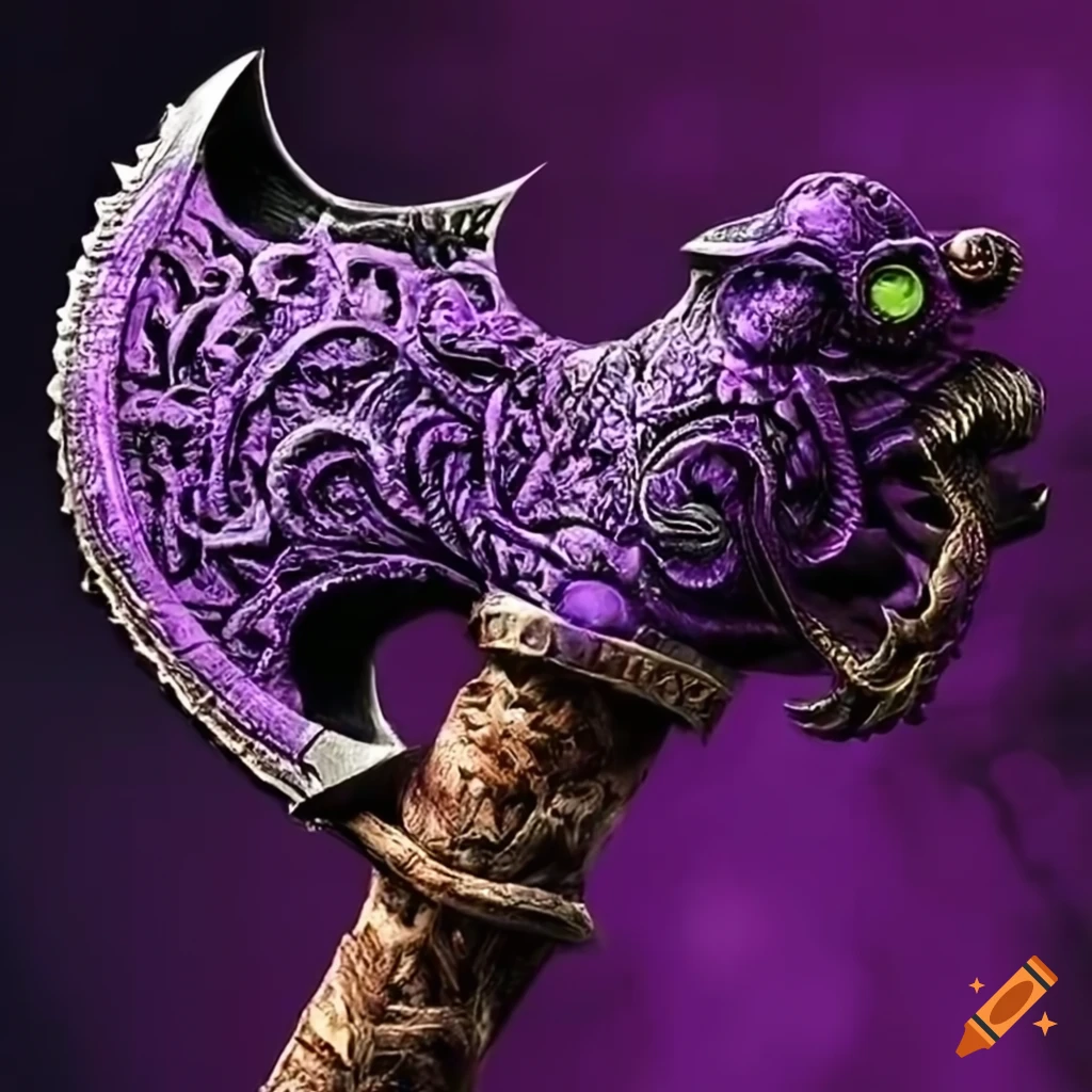 Purple battle axe with lizard engravings on Craiyon