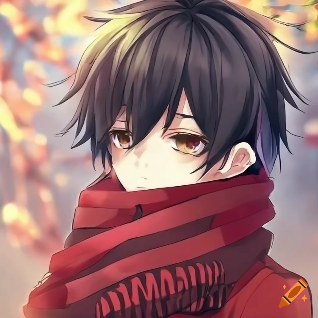cute anime boy with black hair and brown eyes wearing a red scarf