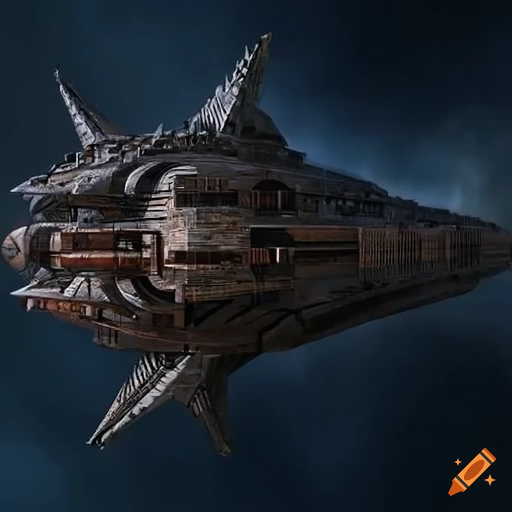 Retrofuturistic space warship inspired by babylonian design