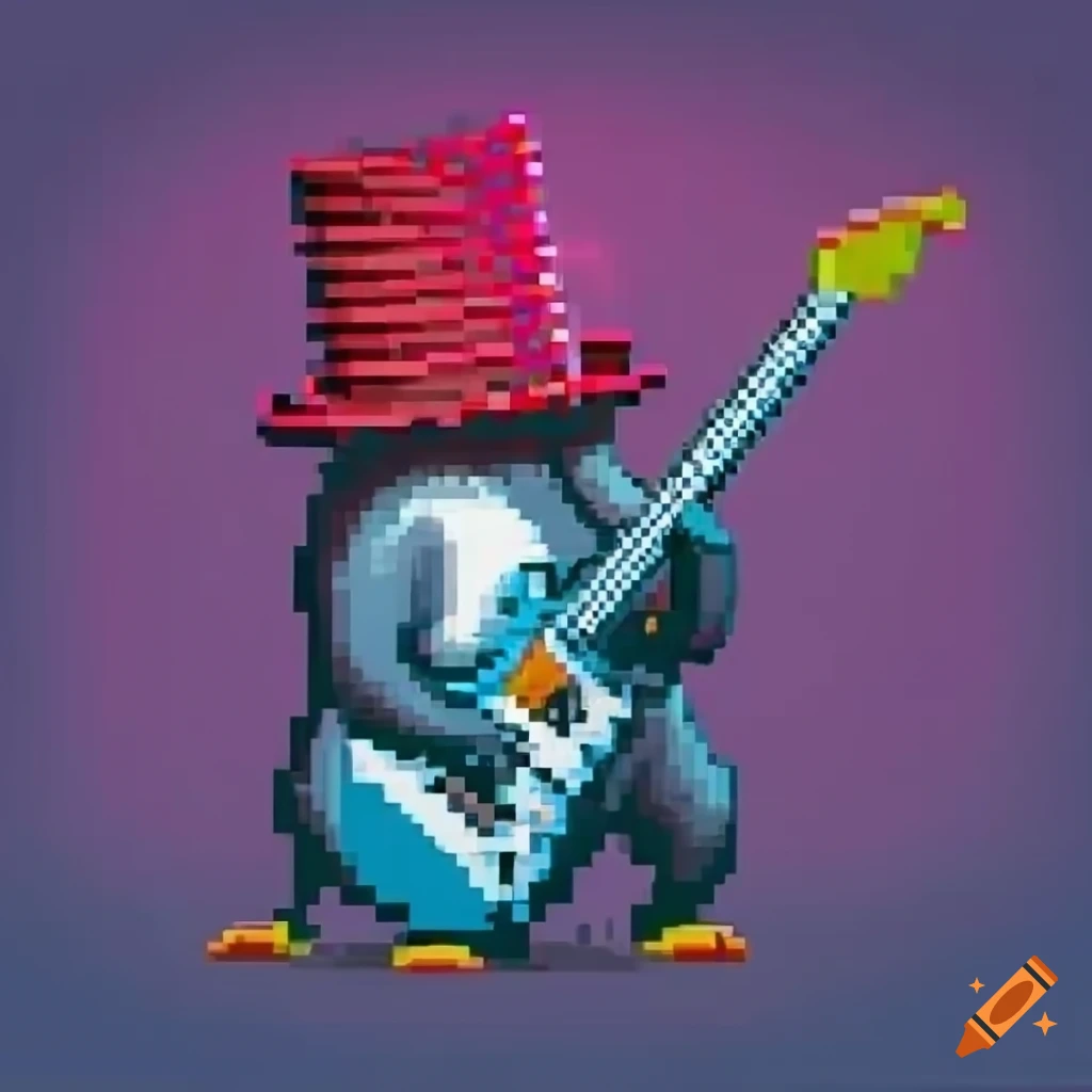 pixel art of a penguin playing an electric guitar
