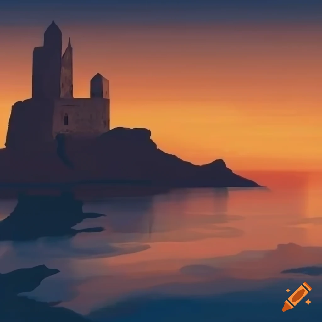 sunset over Mediterranean coastline with Greek mythology inspired tower