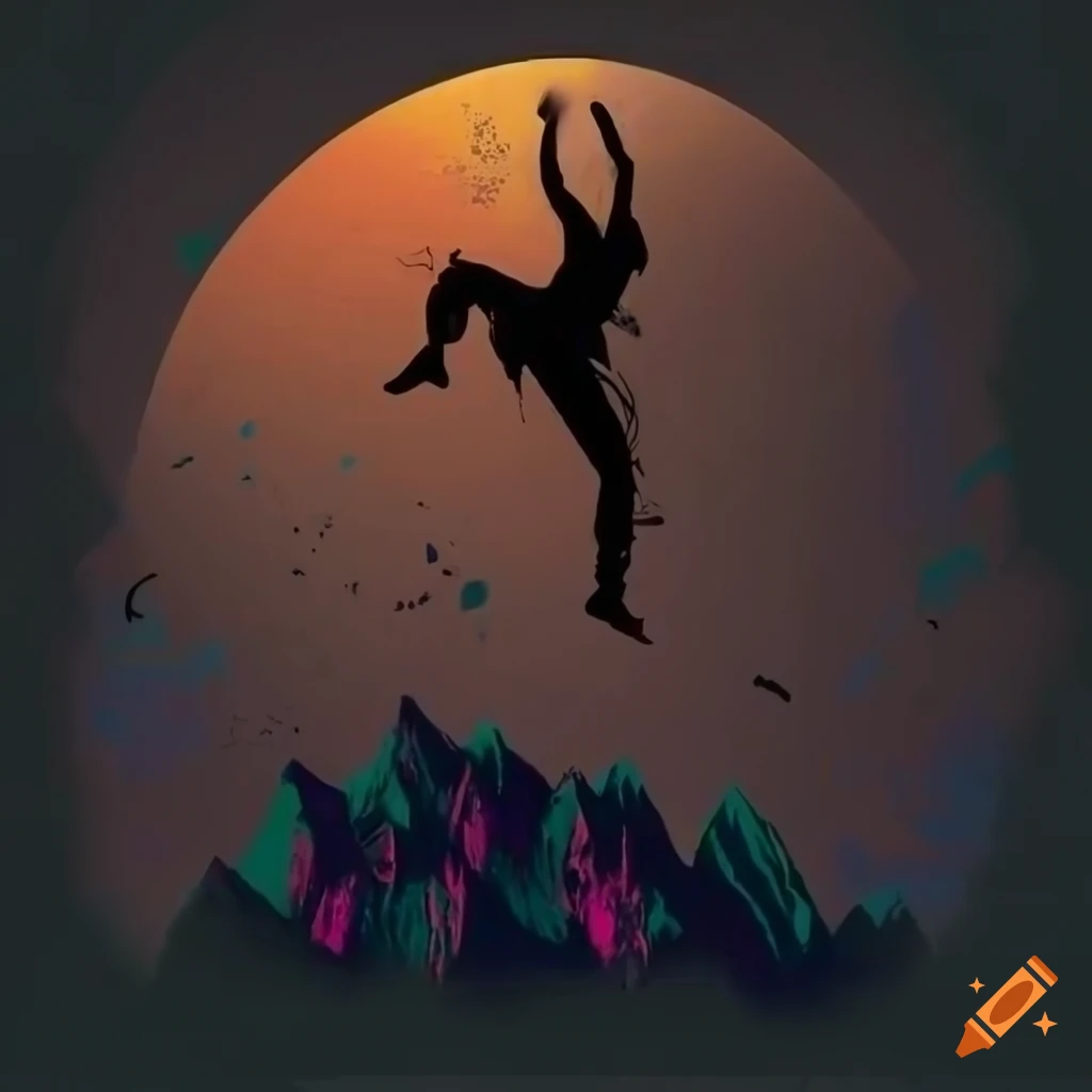 colorful graffiti art of a man doing parkour in a forested mountain area