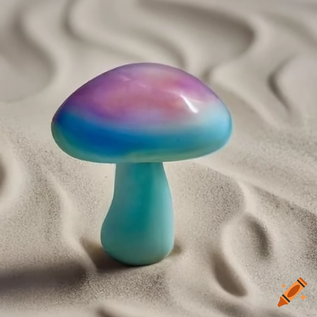 mushroom made of blue, green and pink cat's eye stone on white sand