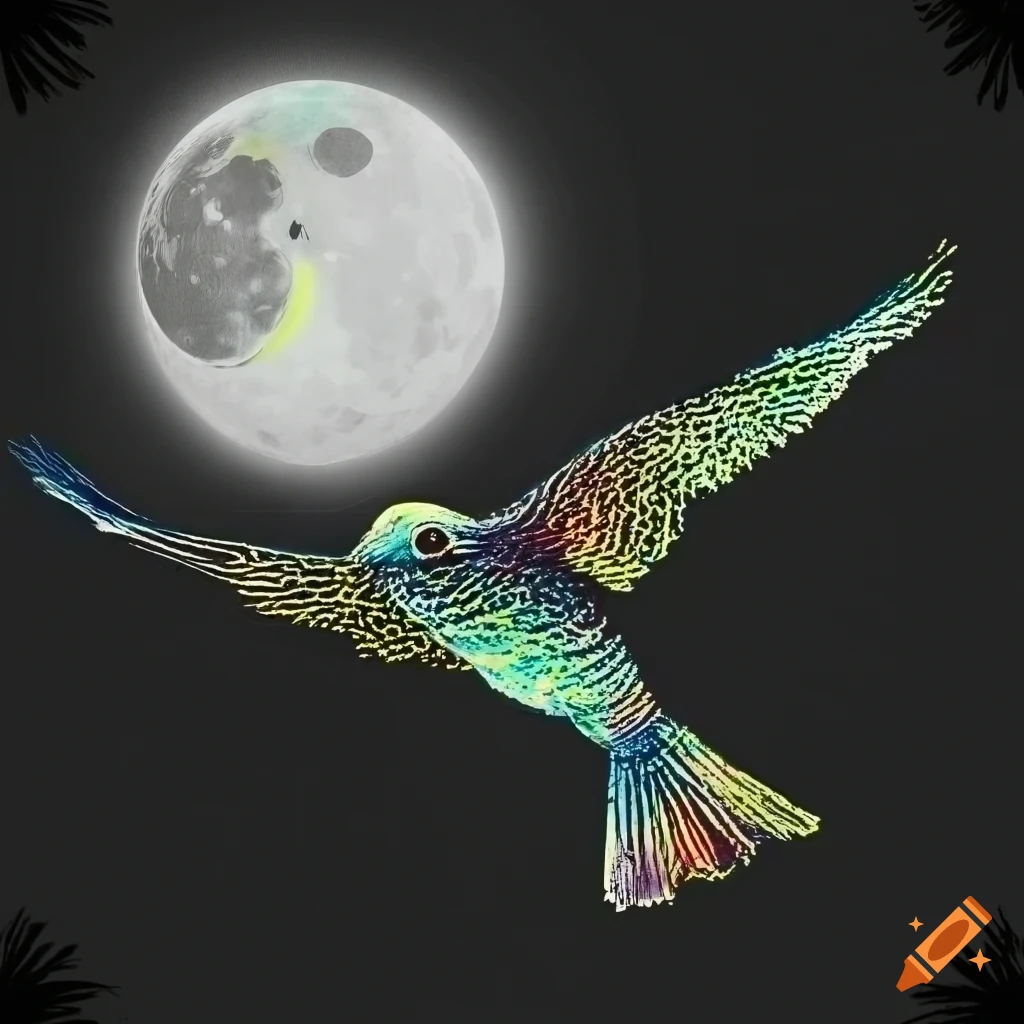 mechanical bird flying over a crescent moon