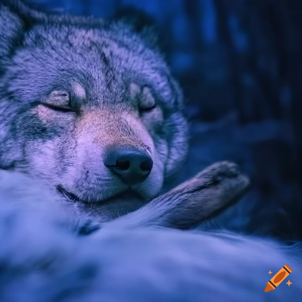 close-up of a sleeping wolf's face