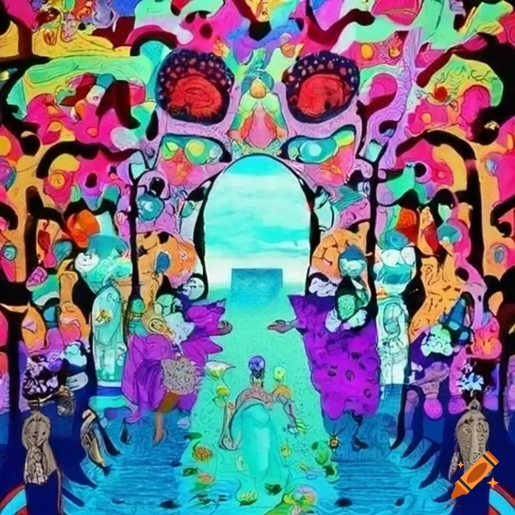 Psychedelic Enigma: Anime Girl in Colorful Hat - Gothic Patchwork  Illustration