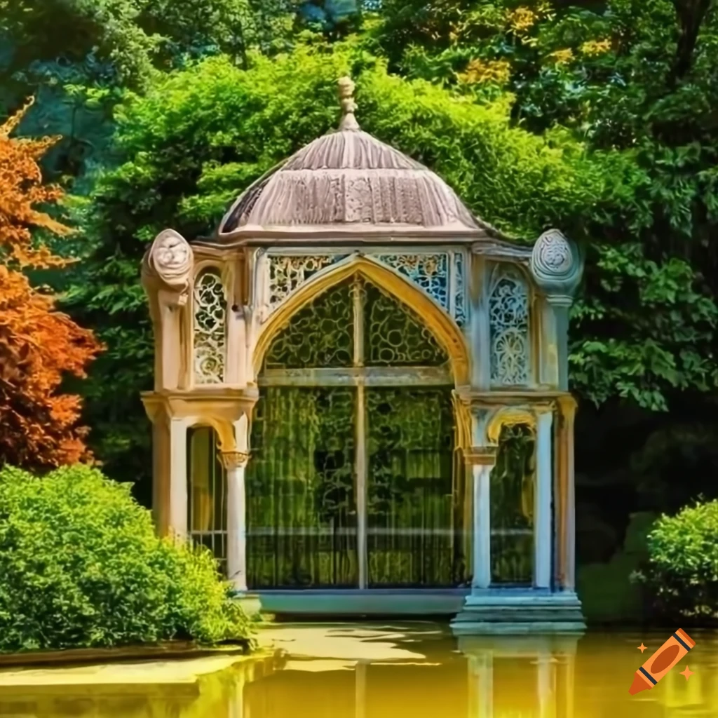 garden with balcony and pond in Islamic art style