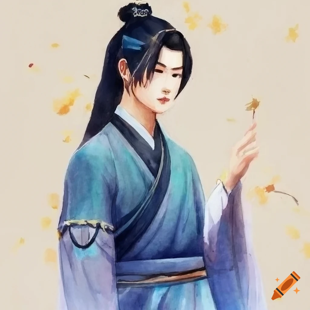 watercolor painting of a handsome Chinese male in a wuxia-inspired setting