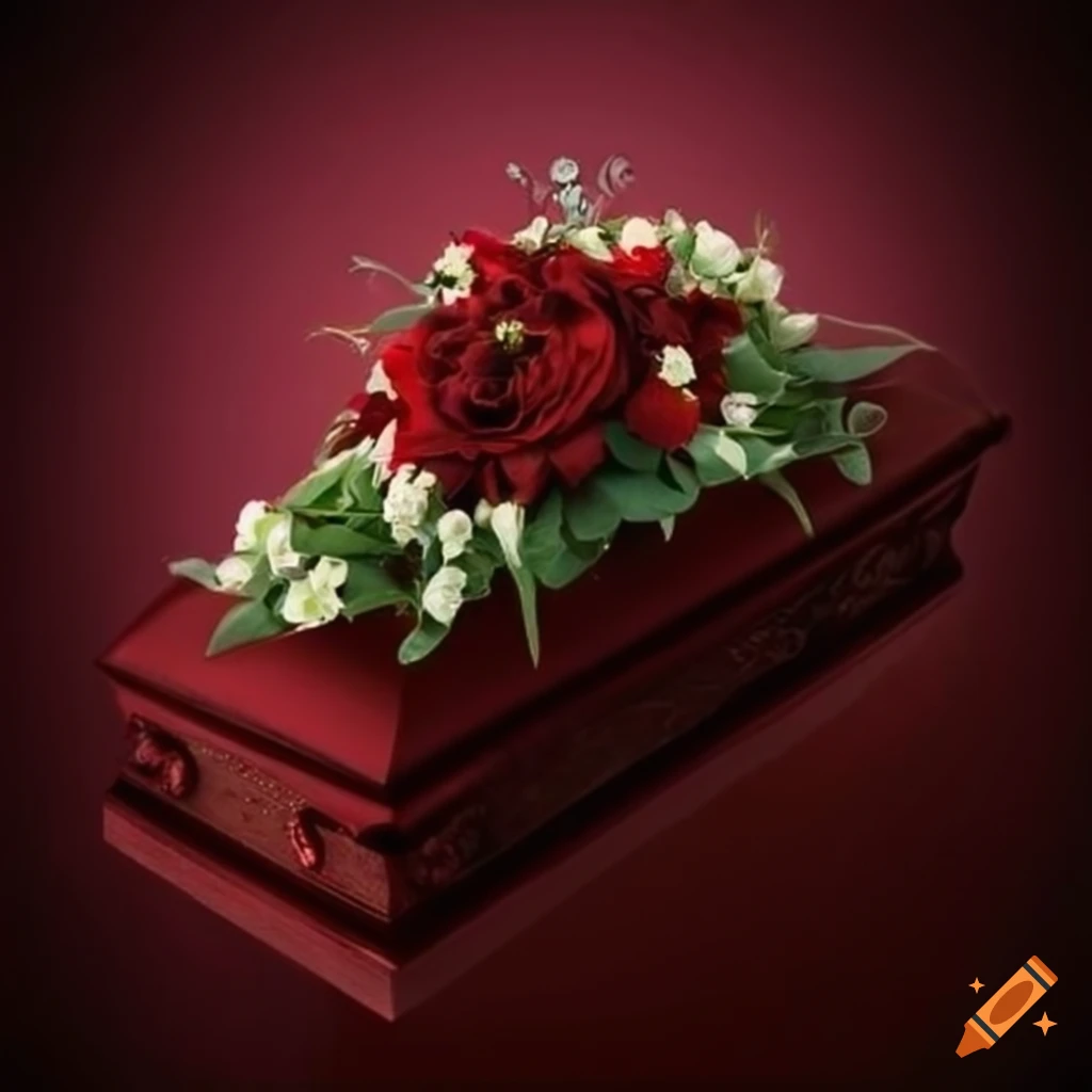 floral arrangements on a burgundy coffin