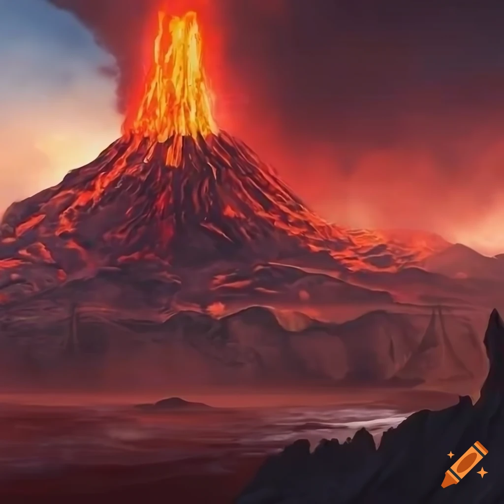 epic artwork of a majestic volcano and fiery sky
