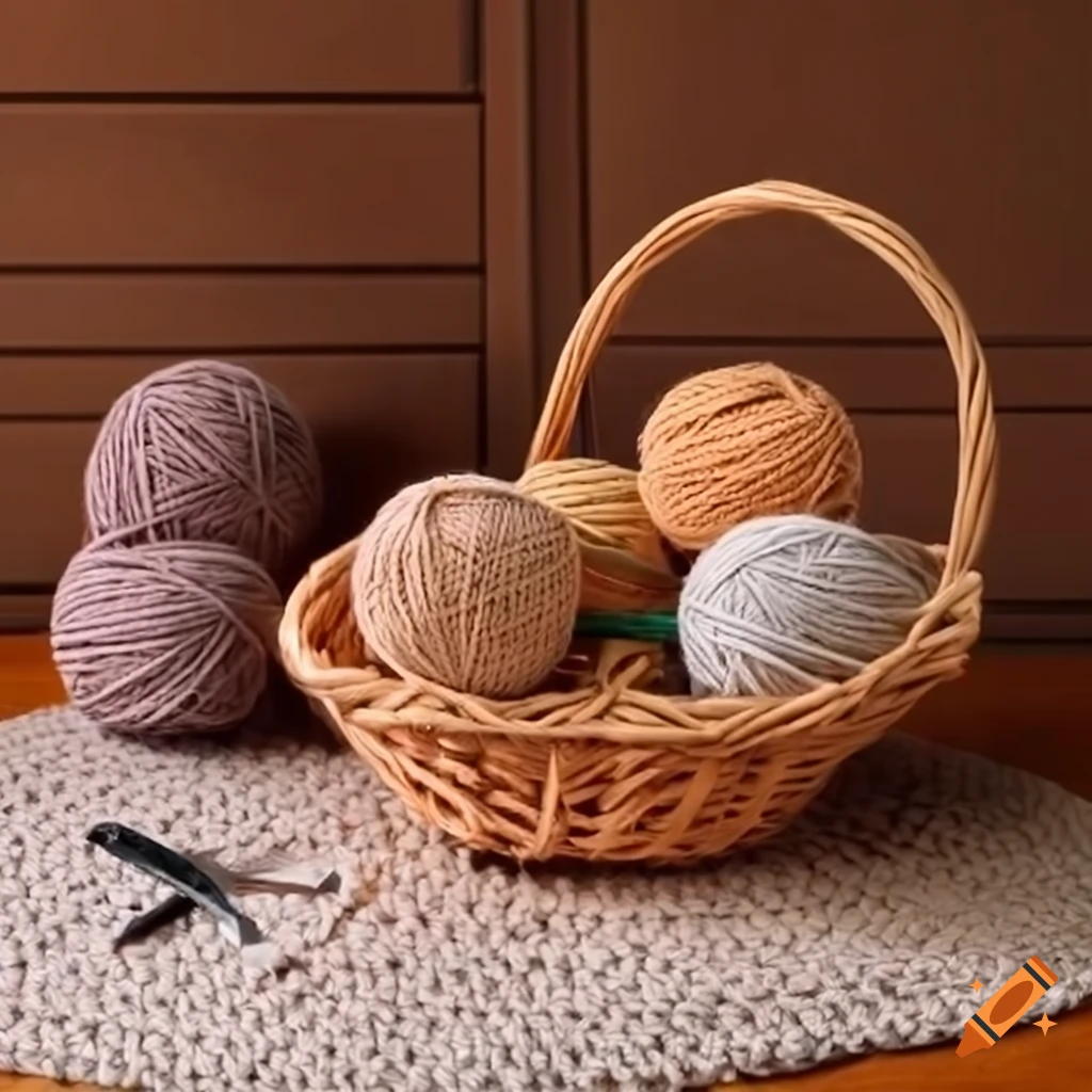 Crochet basket with yarn balls and knitting supplies on Craiyon