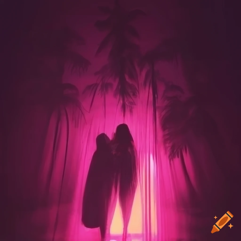double exposure of palm trees and cloaked figures in pink and gold lighting