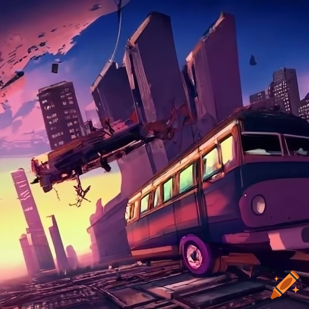 flying van in a post-apocalyptic city