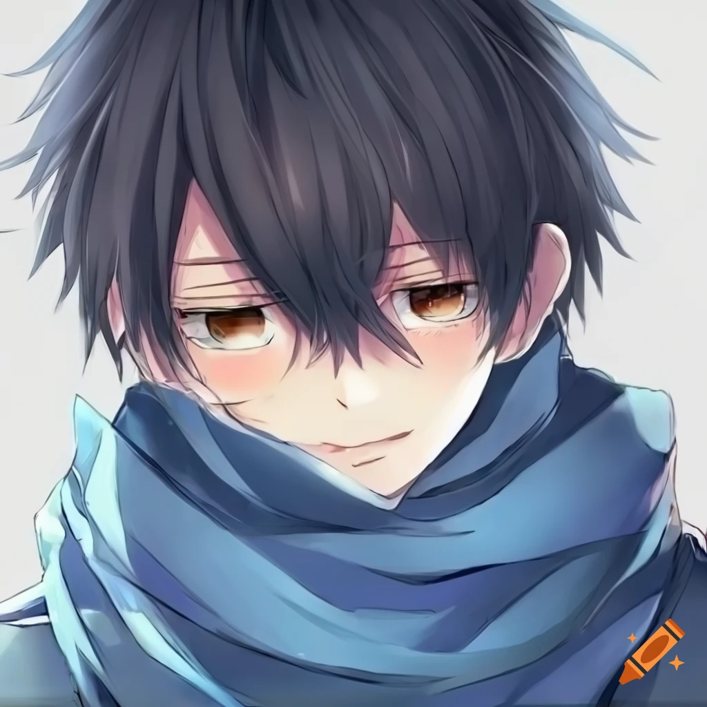 anime boy with a sad expression and blue scarf