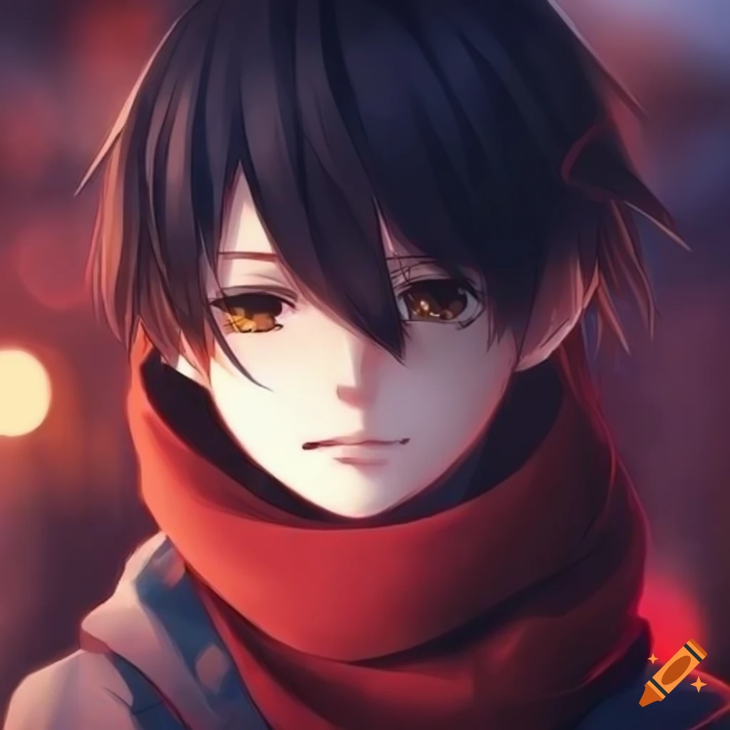 Anime boy with black hair and red scarf on Craiyon