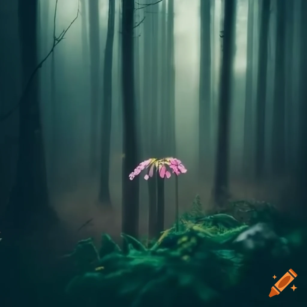 Misty pine forest with a delicate flower on Craiyon
