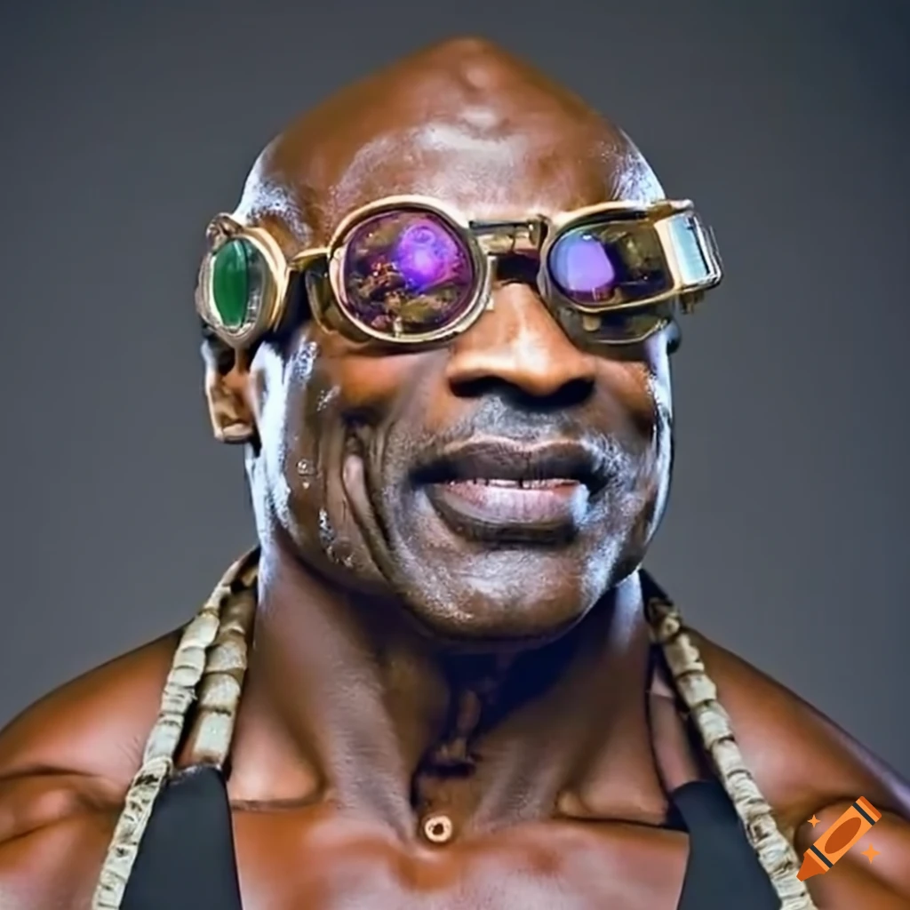 Ronnie Coleman wearing steampunk goggles on Craiyon