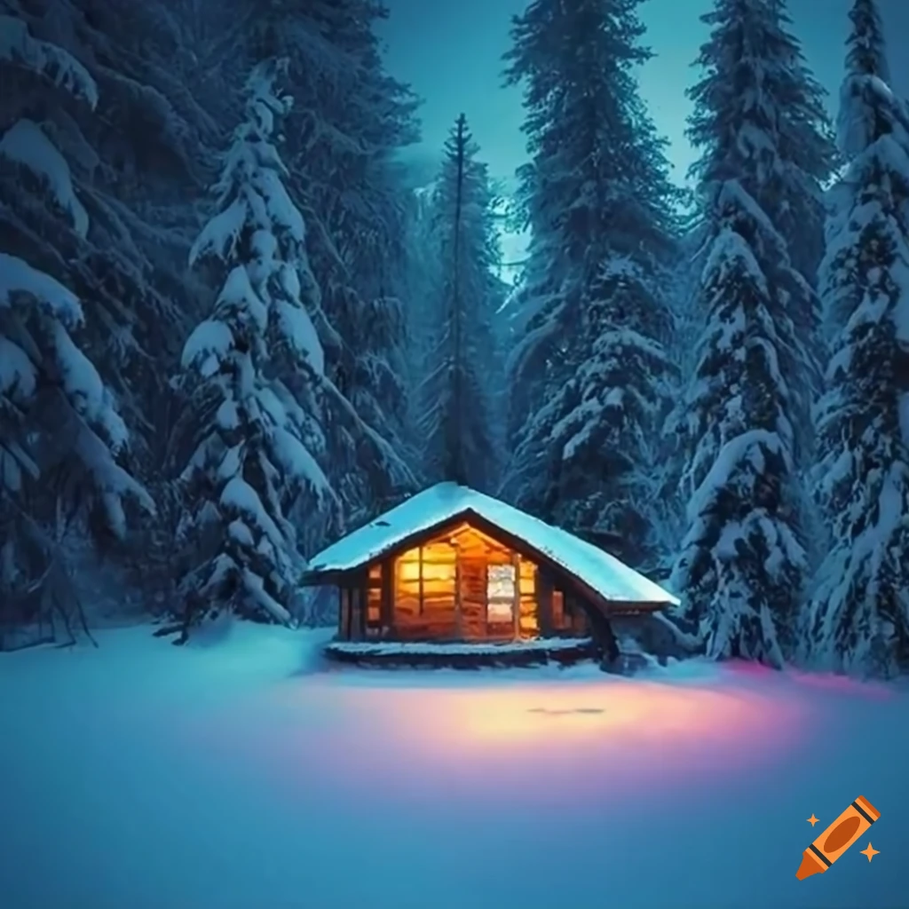 cozy cabin in the snowy woods