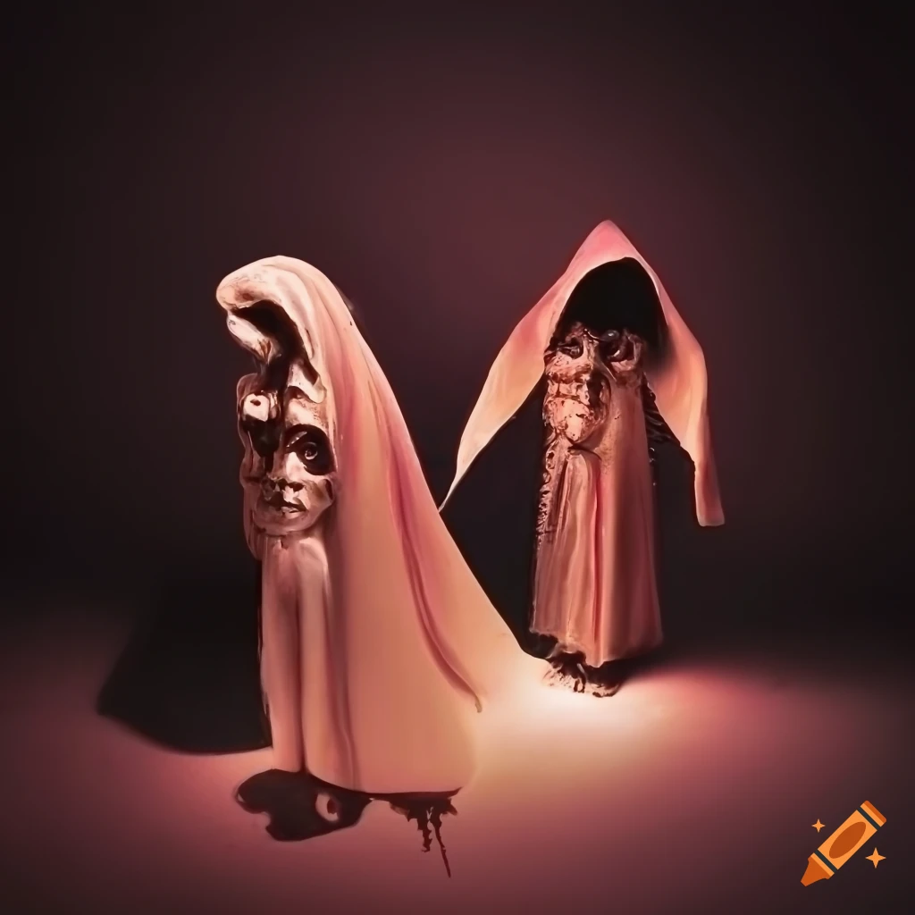 artwork of two cloaked figures with skull masks