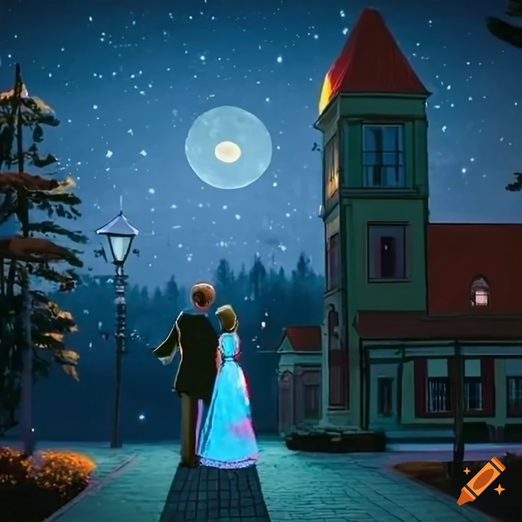 romantic moonlit evening in Meadowbrook town square