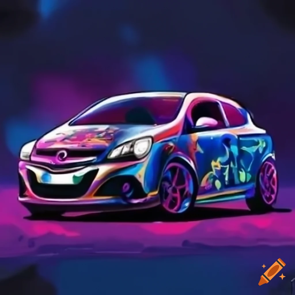 Graffiti of a fast pink opel astra h opc with exploding blue and