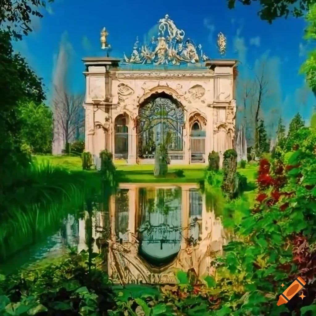 baroque-style garden with a pond and Islamic art accents