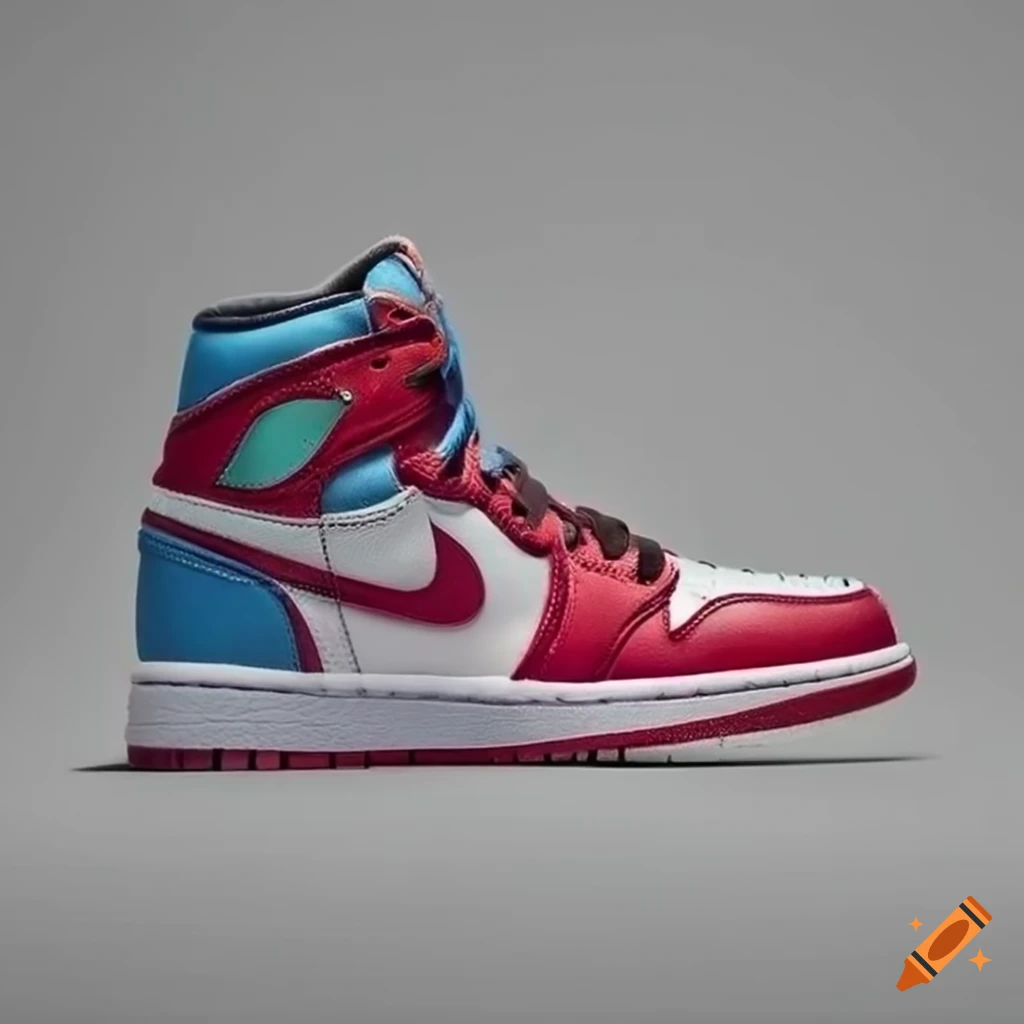 Red and blue nike air jordan 1 sports shoes on white ground on Craiyon