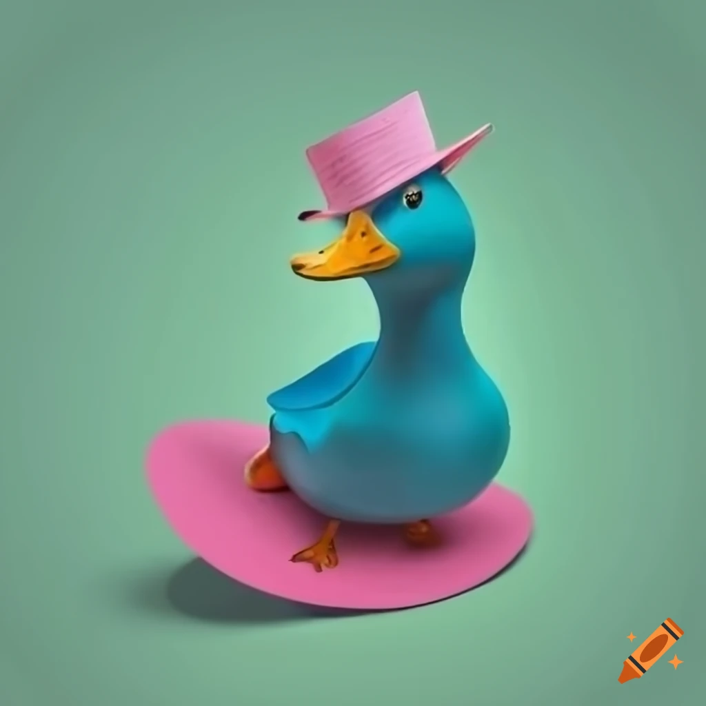 blue duck with a pink hat on a green background