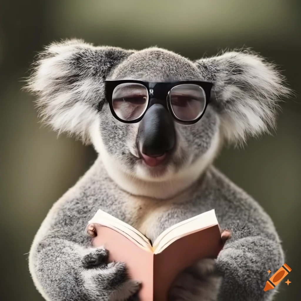 smart koala reading a book with glasses